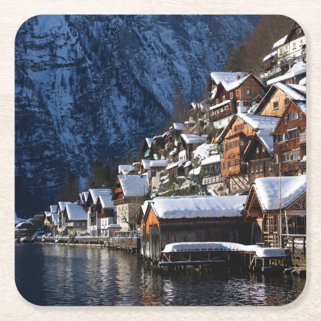 Holzhäuser am See in Hallstatt, Österreich Rechteckiger Pappuntersetzer (Vorderseite)