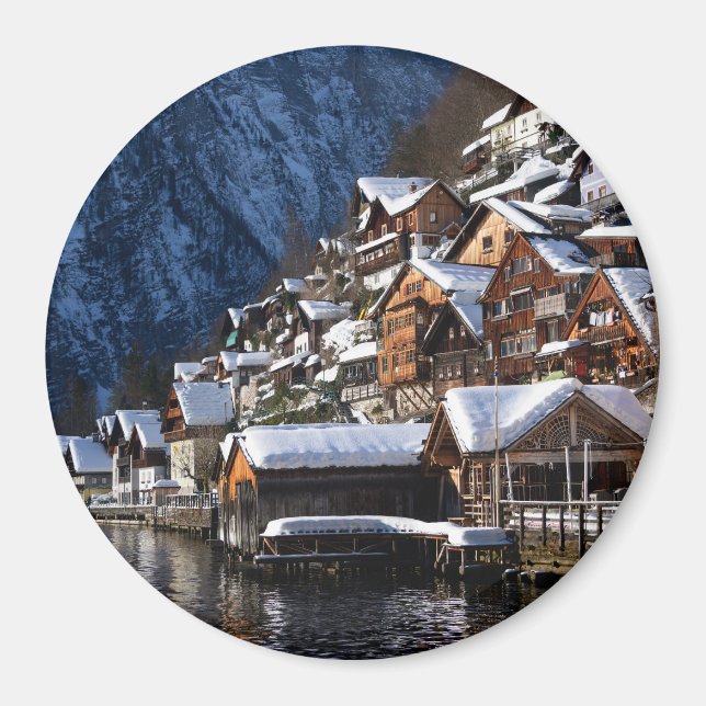 Holzhäuser am Seeufer in Hallstatt, Österreich Magnet (Vorne)