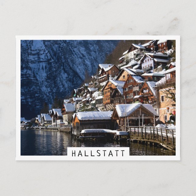 Holzhäuser am Seeufer in Hallstatt, Österreich Postkarte (Vorderseite)