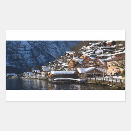 Holzhäuser am Seeufer in Hallstatt, Österreich Rechteckiger Aufkleber