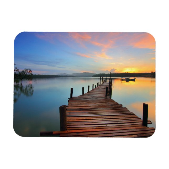 Holzheck-Seascape in farbenfrohen Sonnenuntergang Magnet (Horizontal)