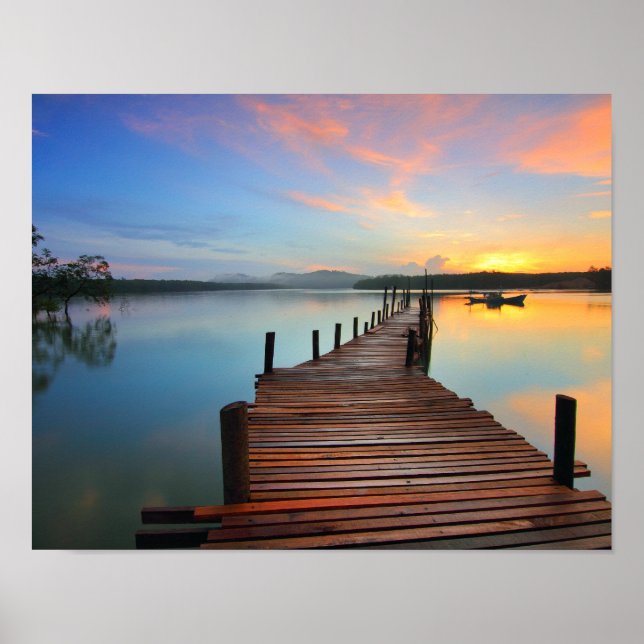 Holzheck-Seascape in farbenfrohen Sonnenuntergang Poster (Vorne)