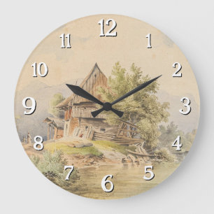 Holzhütte am See - Carl Lafite Große Wanduhr