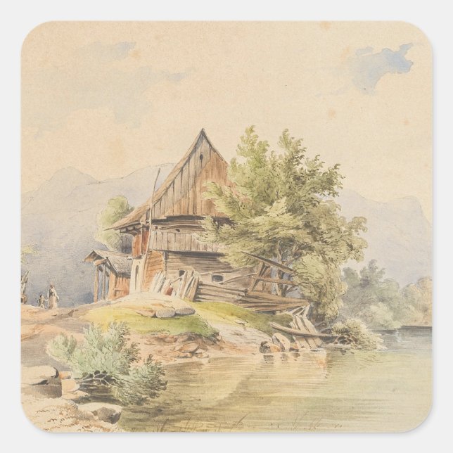 Holzhütte am See - Carl Lafite Quadratischer Aufkleber (Vorderseite)
