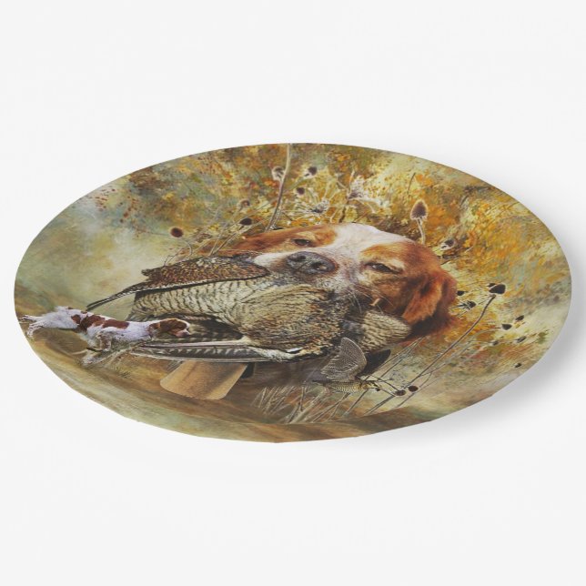 Holzjagd mit der Bretagne Spaniel Pappteller (Schrägansicht)