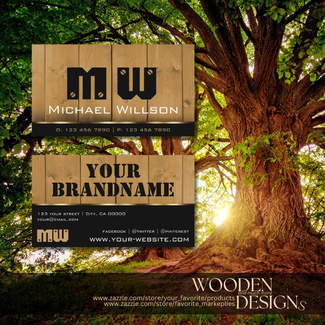 Holzkarten Schwarz-Braun-Holzkörner-Look Monogramm Visitenkarte (Von Creator hochgeladen)