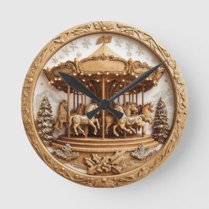 Holzkarussell in einer Schneeszene Runde Wanduhr