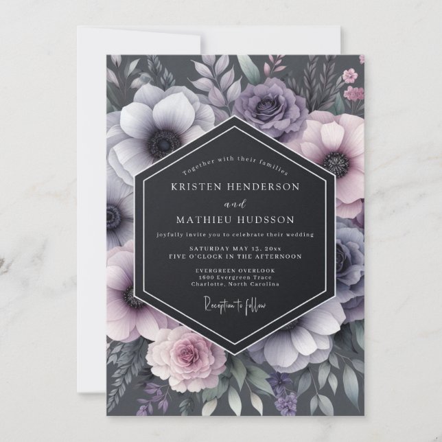 Holzkohle-Anemonen-Hochzeit im Zwielicht Einladung (Vorderseite)