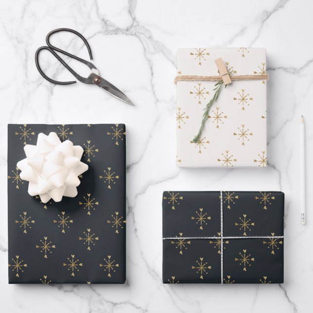 Holzkohle, Elfenbeinküste und Gold Snow Star Weihn Geschenkpapier Set (Vorderseite)