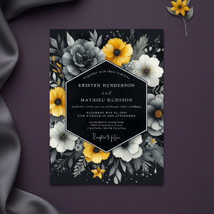 Holzkohle-Gelb-Blüten-Hochzeit Einladung