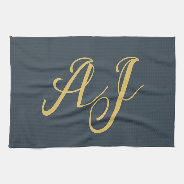 Holzkohle Goldfarbene Monogramm-Initiale professio Geschirrtuch (Horizontal)