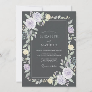Holzkohle-Pfirsich-Lila-Blüten-Hochzeit Einladung