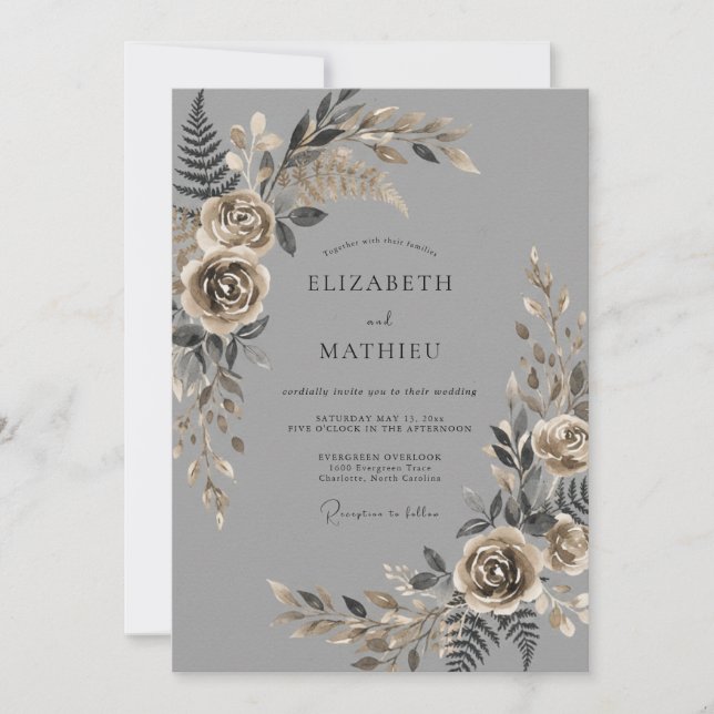 Holzkohle-Sophisticated Vintage-Hochzeit Einladung (Vorderseite)