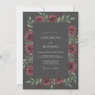 Holzkohle-Staub-Mauve-Blüten-Hochzeit Einladung