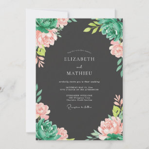 Holzkohle-Teal-Sukkulenten-Eukalyptus-Hochzeit Einladung