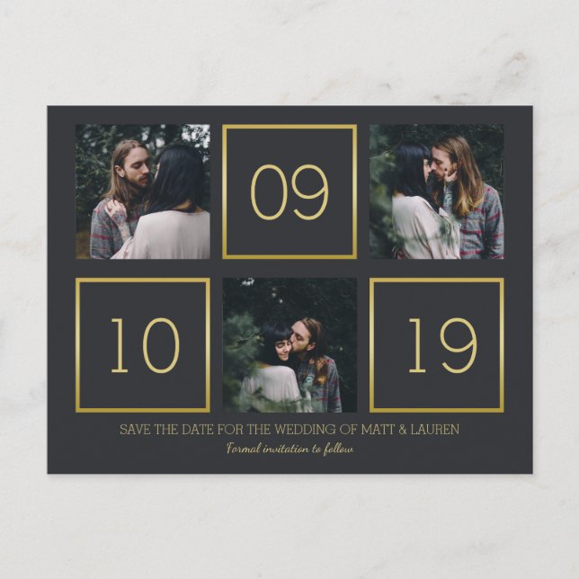 Holzkohle und Gold | FotoCollage Save the Date Ankündigungspostkarte (Vorderseite)
