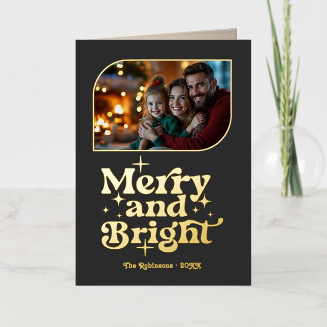 Holzkohle und Gold Frohe und helle Foto Weihnachte (Vorderseite)