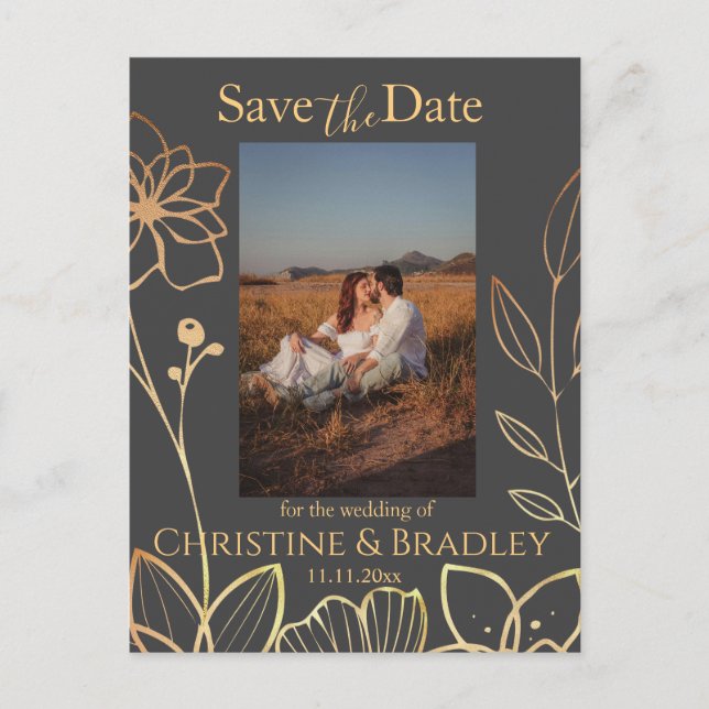 Holzkohle und Gold Save the Date Foto Postkarte (Vorderseite)