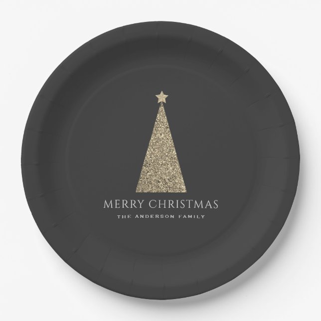 Holzkohle und Kupfer Gold Glitzer Weihnachtsbaum Pappteller (Vorderseite)