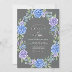 Holzkohle-Veilchen-Hortensien-Eukalyptus-Hochzeit Einladung