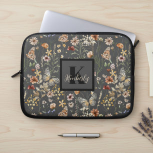 Holzkohlegrau Aquarell Wildblumen Monogramm Laptopschutzhülle