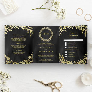 Holzkohlegrau Goldblatt Zweig All-in-One Hochzeit Dreifach Gefaltete Einladung