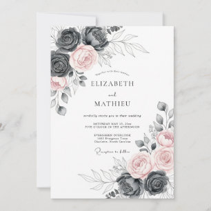 Holzkohlegrau Majestätische Blumige Hochzeit Einladung