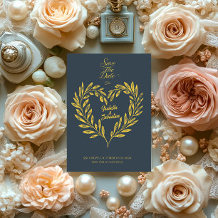 Holzkohlegrau und Altgold Herz Save the Date Einladung