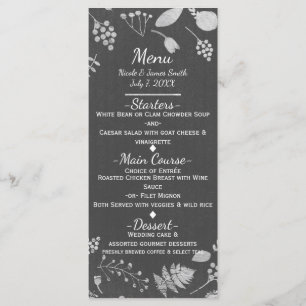 Holzkohlegrau- und Silber-Blumen-Hochzeitsmenükart Menükarte
