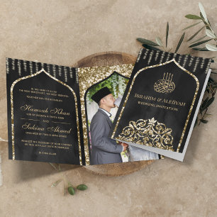 Holzkohlegrau Vintage Gold Islamischer Bogen Hochz Einladung