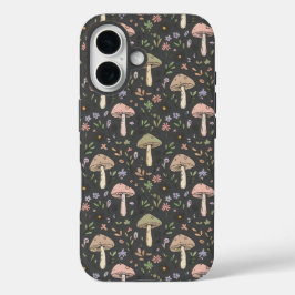 Holzkohlegraue Pilze Nahtloses Muster Minimalistis iPhone 16 Hülle