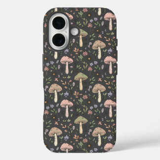 Holzkohlegraue Pilze Nahtloses Muster Minimalistis iPhone 16 Hülle