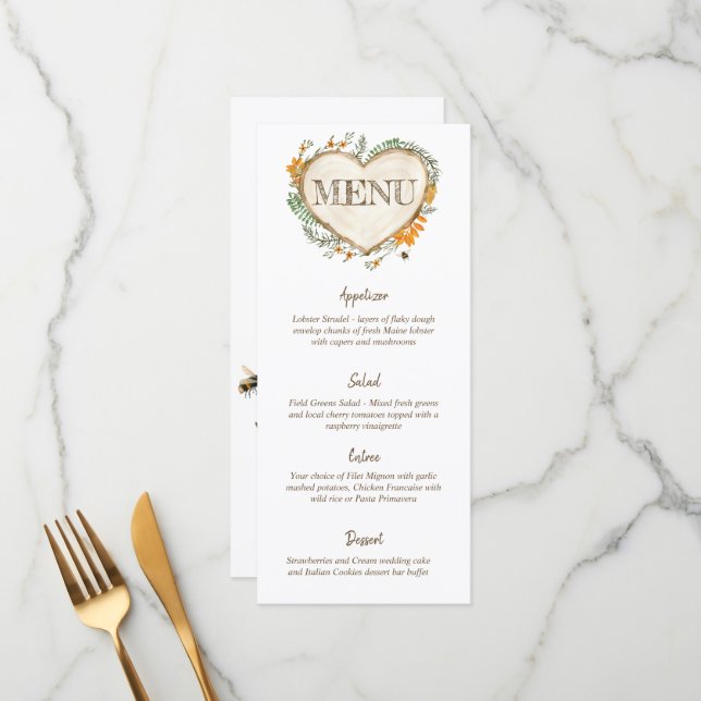 Holzkohlenkupplung "Heart Wedding" Menükarte (Vorderseite/Rückseite Beispiel)