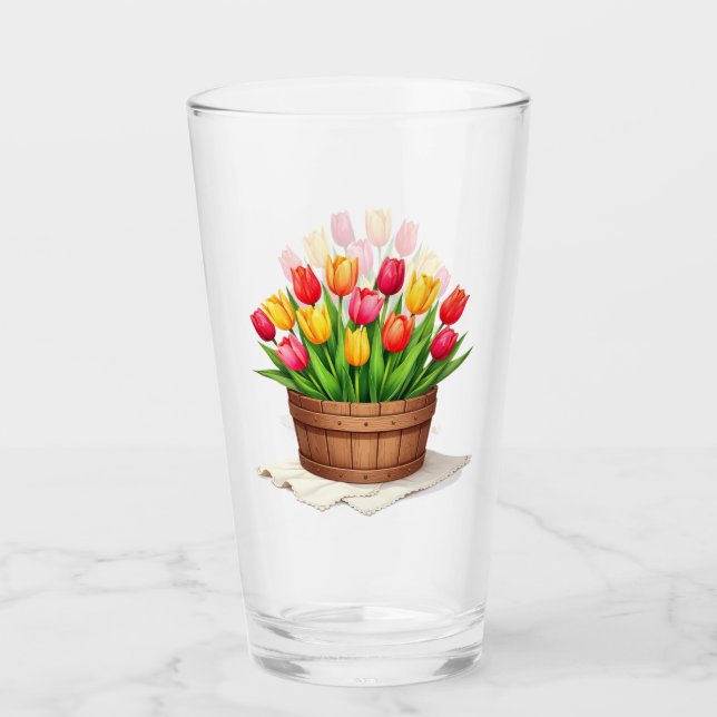Holzkorb gefüllt mit Tulpen Glas (Vorderseite)