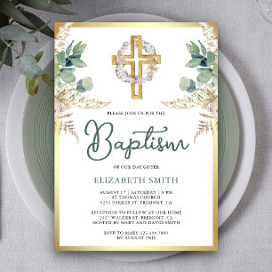 Holzkreuz Boho Pampas Eukalyptus Gold Taufe Einladung