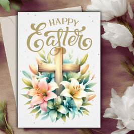 Holzkreuz mit Lilie Christliches Ostern Feiertagskarte
