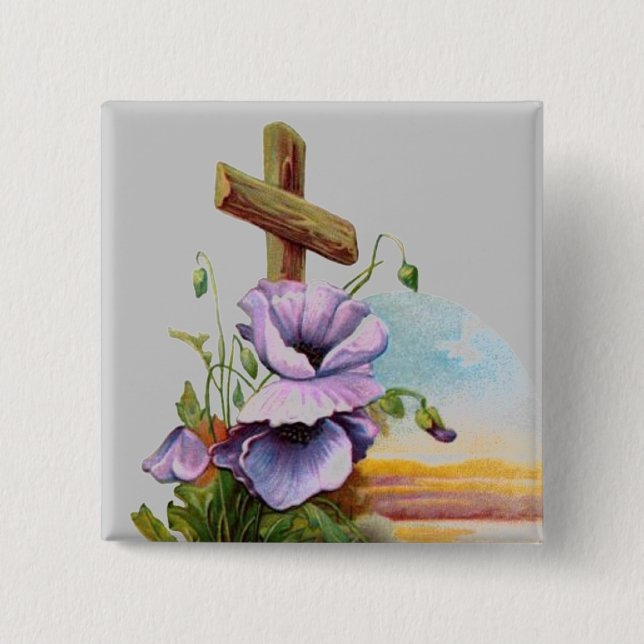 Holzkreuz mit violetten Blumen Button (Vorderseite)