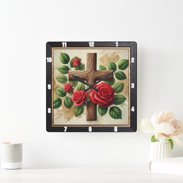 Holzkreuz-Rote Rosen Quadratische Wanduhr (Zuhause)