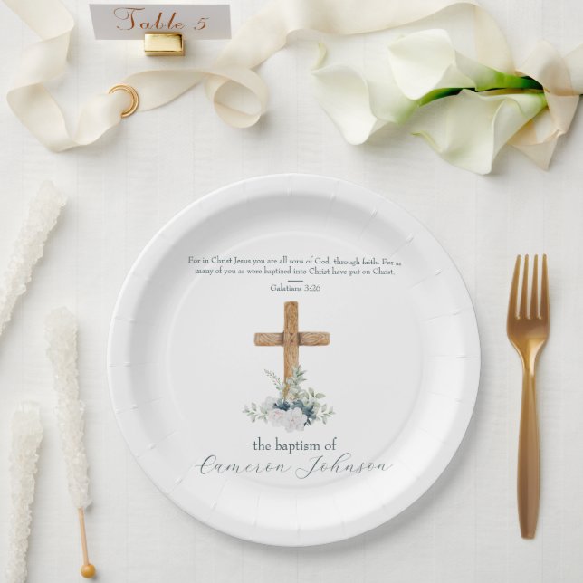 Holzkreuz Weiß & Blauer Taufe Bibelverse Pappteller (Hochzeit)