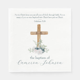 Holzkreuz Weiß & Blauer Taufe Bibelverse Serviette