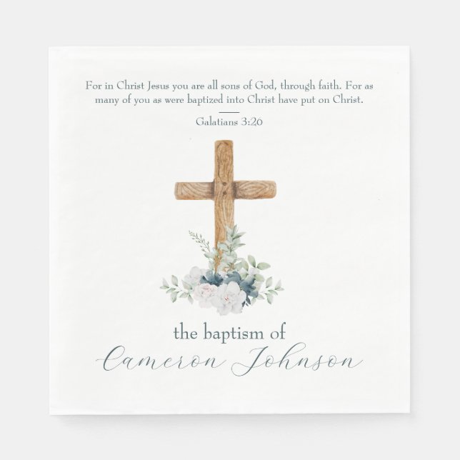 Holzkreuz Weiß & Blauer Taufe Bibelverse Serviette (Vorderseite)