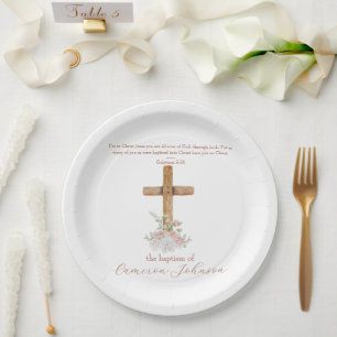Holzkreuz Weiß & Blush Taufe Bibel Verse Pappteller