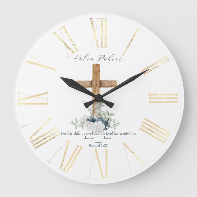 Holzkreuz Weiß- und Blütenblumen Bibelverse Große Wanduhr (Vorderseite)