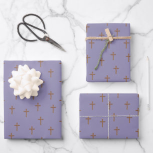Holzkreuze auf Hellgrau-Purple Geschenkpapier Set