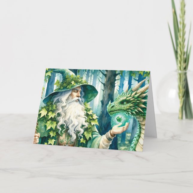 Holzlandzauberer mit Drache "Happy Birthday" Karte (Vorderseite)