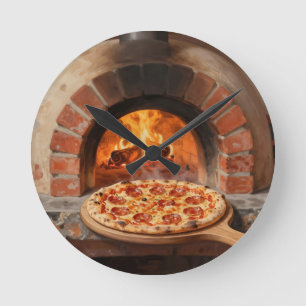 Holzofen-Peperoni-Pizza Rustikal Italienisch  Runde Wanduhr