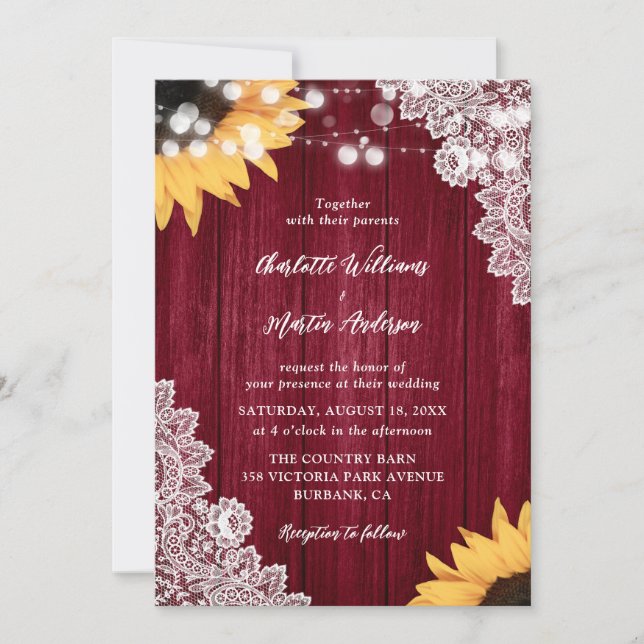 Holzofen Sonnenblumen Burgund Hochzeitseinladungen Einladung (Vorderseite)