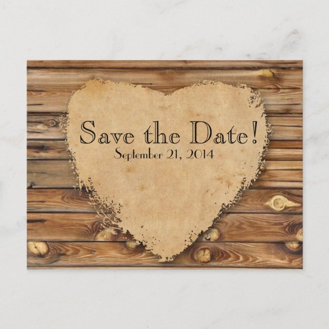 Holzparkett Gebämtes Herz Save the Date Ankündigungspostkarte (Vorderseite)