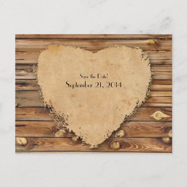 Holzparkett Gebämtes Herz Save the Date Ankündigungspostkarte (Vorderseite)