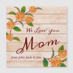 Holzplanen mit orangefarbenen Blume für die Mama Magnetkarte